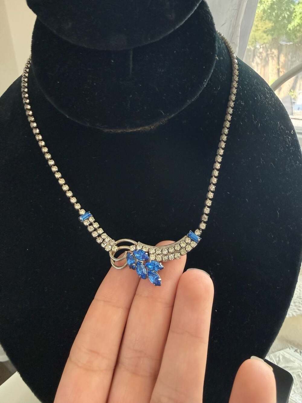 Vintage Silver Tone Blue and Clear Rhinestone Choker Necklace
